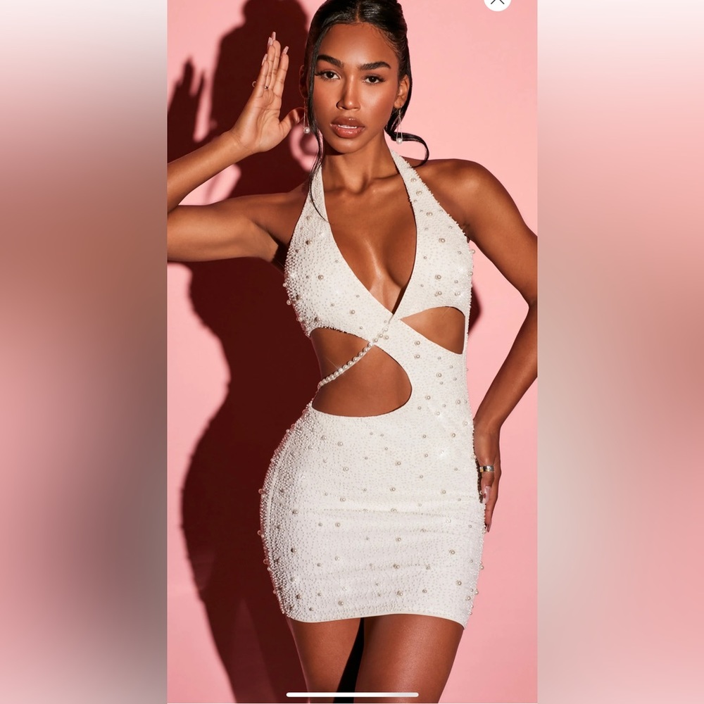 Oh Polly halter neck cut out dress with pearls